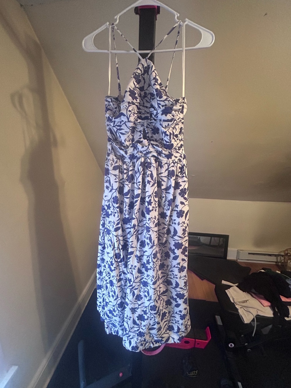 Floral Printed Halter Sundress in White and Navy